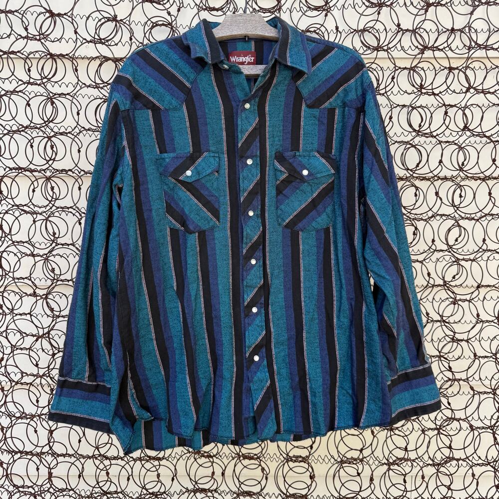 Wrangler Blue Black Stripe Pearl Snap Flannel Long Sleeve Western Shirt LARGE